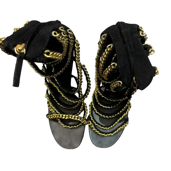 Guiseppe Zanotti Black Suede Gold Chain Gladiator Sandals Size 40 Open Toe Heels - Picture 4 of 13